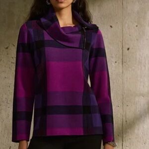Joseph Ribkoff Women's Purple and Black Plaid Cowl Neck Sweater